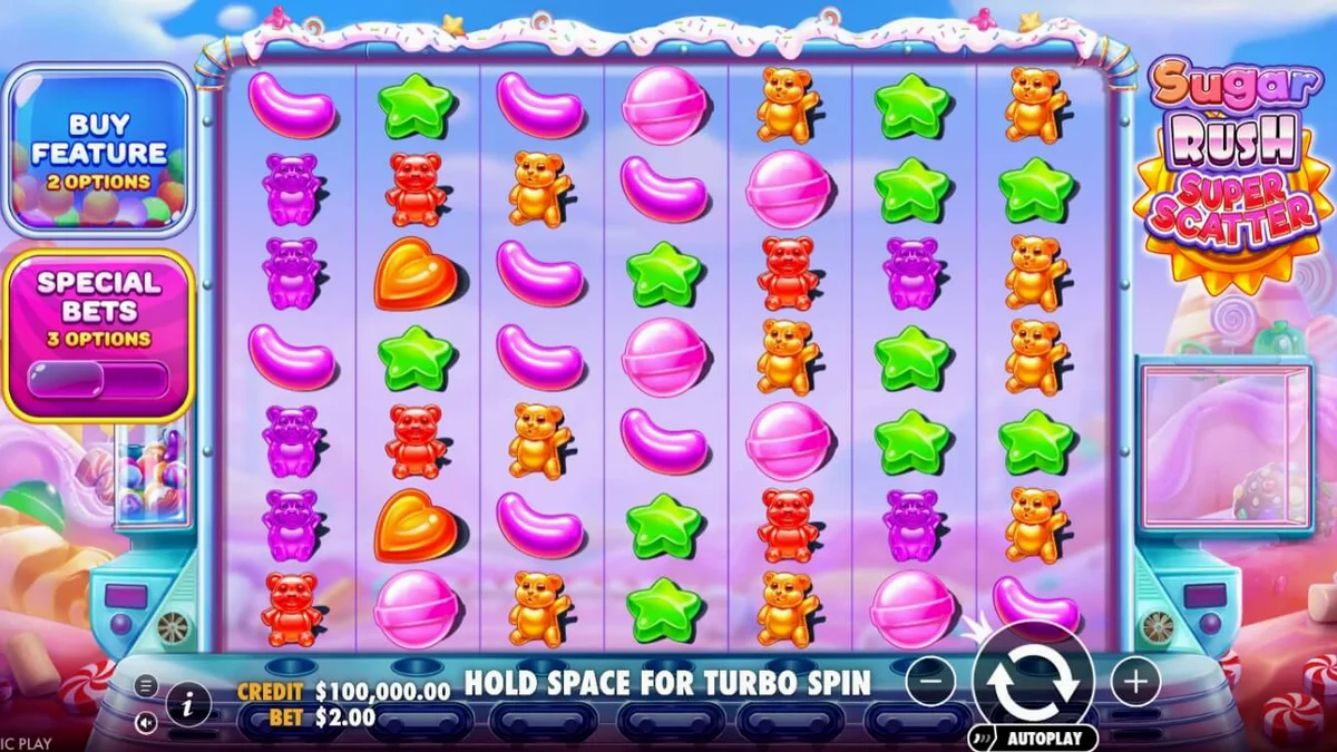 Tampilan visual slot Sugar Rush Super Scatter dengan tema permen yang ceria